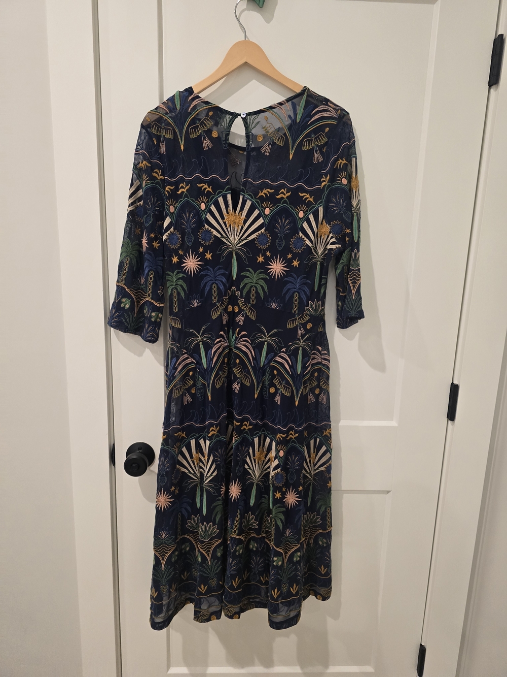 Jade Johnny Was Navy Midi Dress with Green and Gold Botanical Print